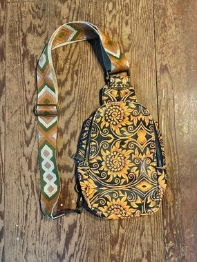 Men's Black & Yellow Floral Crossbody Sling Bag